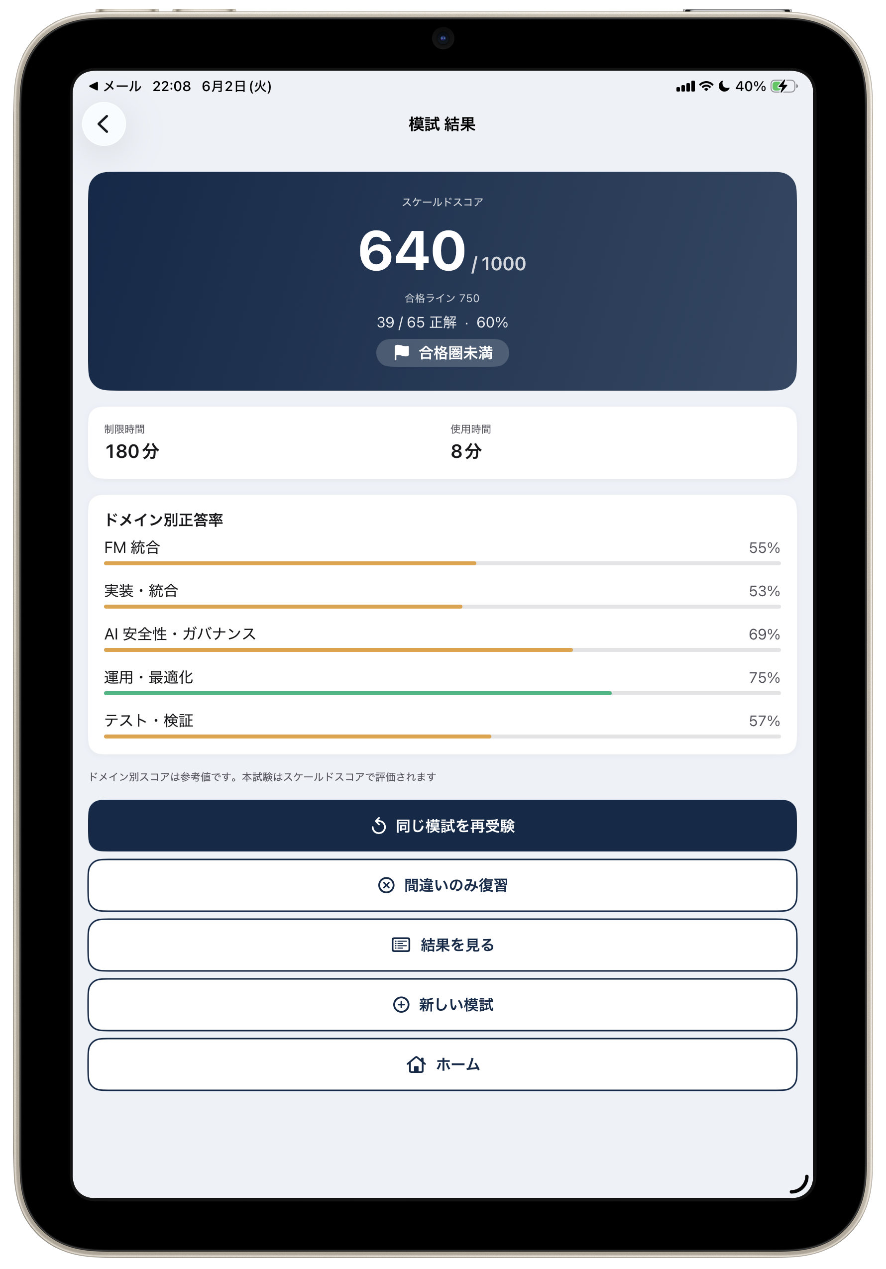 AIP-C01問題集の模擬試験結果画面