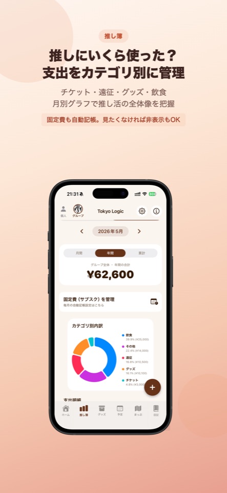MyFanClubの推し簿とグッズ画面